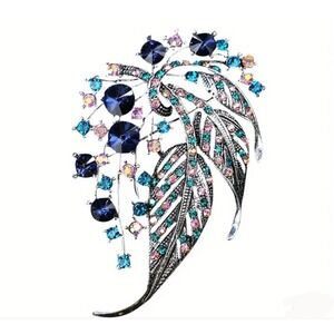 Crystal Brooch Pin Silver Tone Leaf Design Statement Jewelry Women